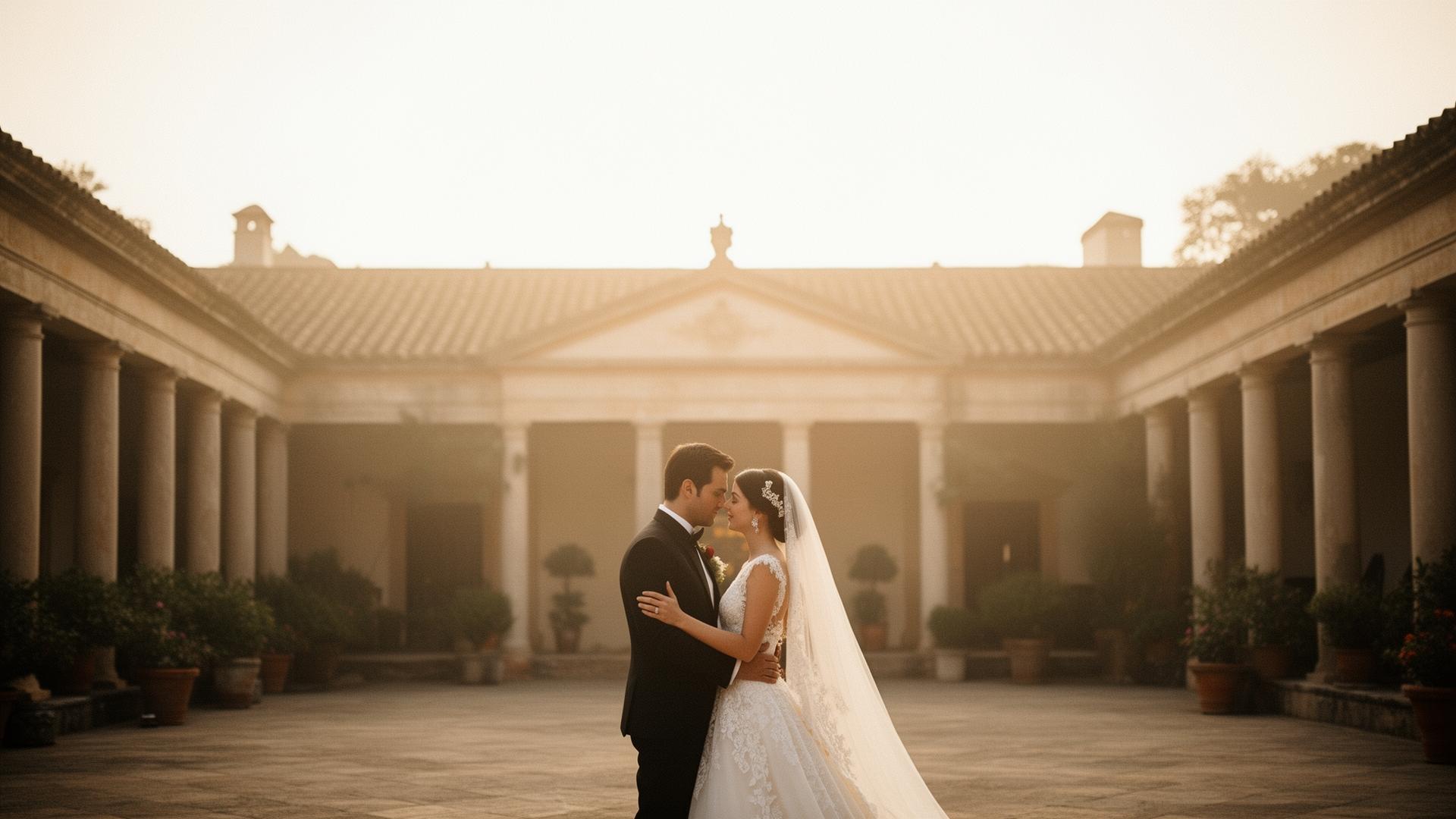 Pareja en hacienda al atardecer